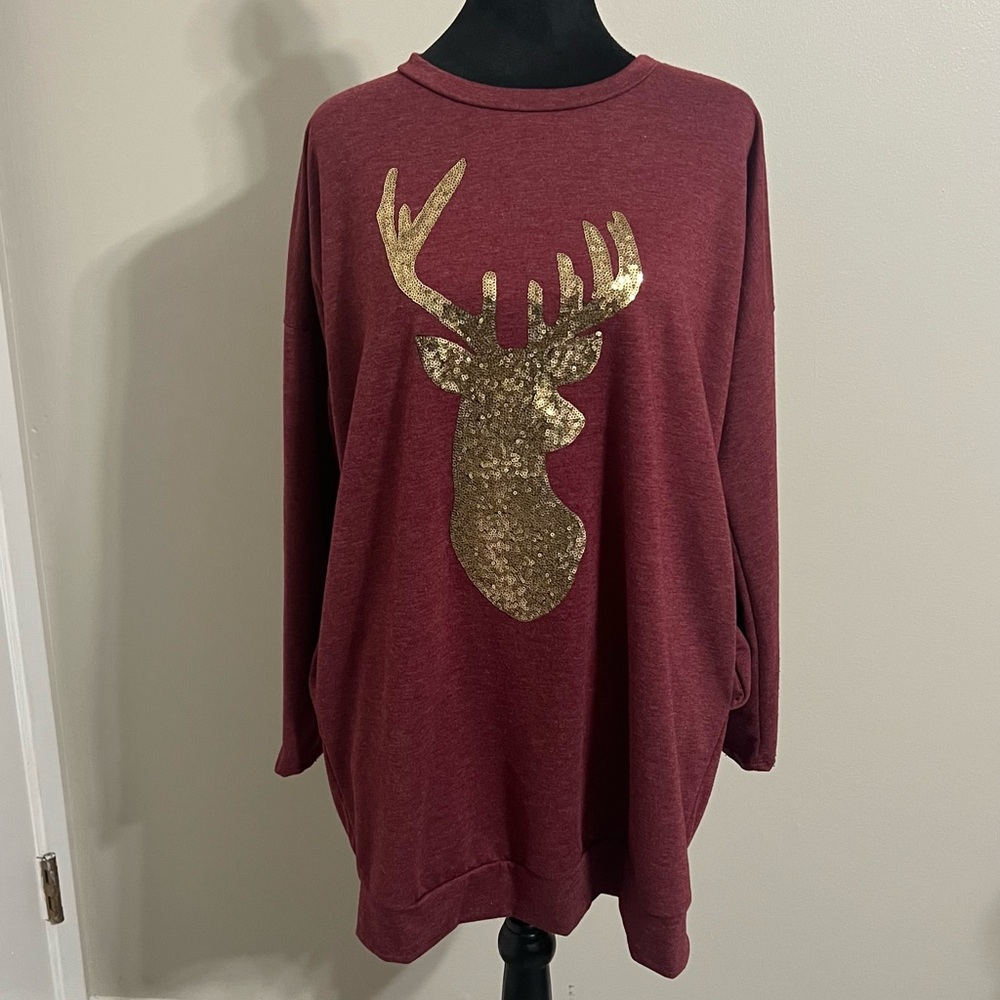 Sweet Pea Maroon Sweater with Gold Sequin Deer